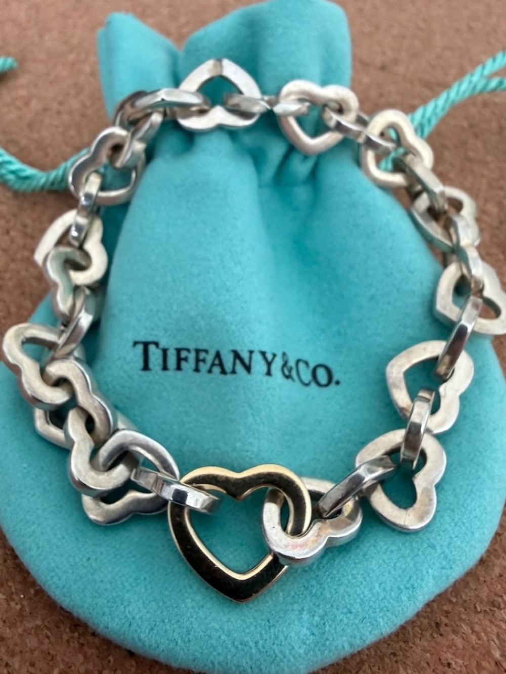 Tiffany & Co. Sterling Silver 925 18K Yellow Gold Heart Link Bracelet & Pouch
